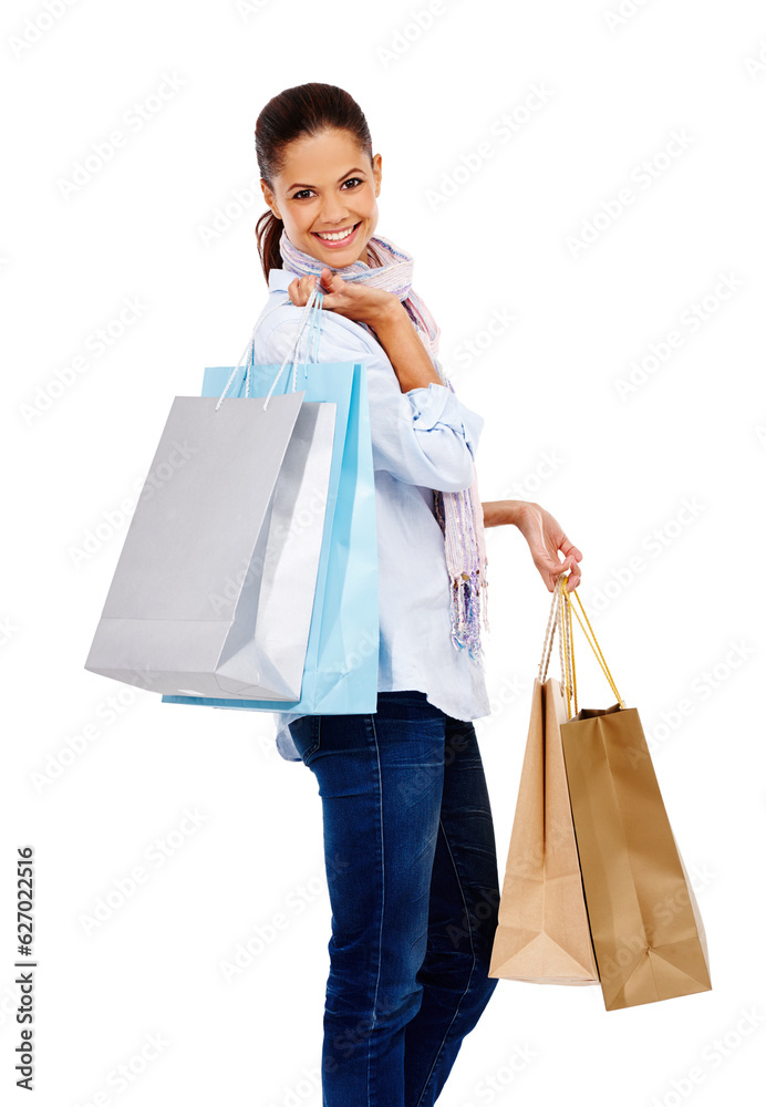 Woman, bag and shopping in studio portrait with white background, isolated and retail store sales. H
