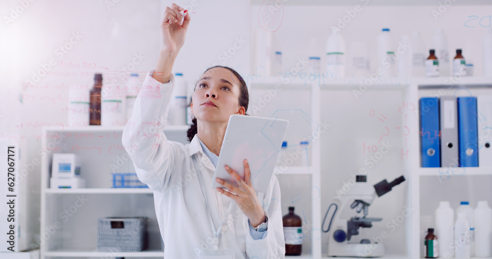 Science is about answering many questions. Shot of a young scientist writing notes on a glass wall i