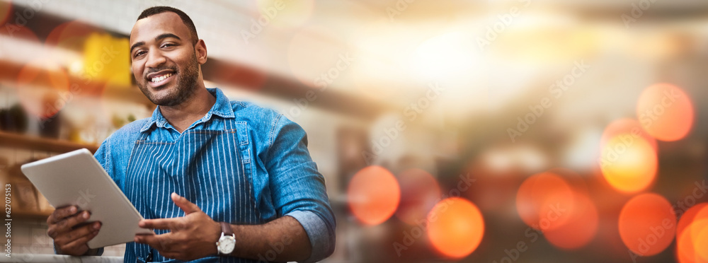 Black man, tablet and small business owner on bokeh in management with smile at coffee shop. Portrai