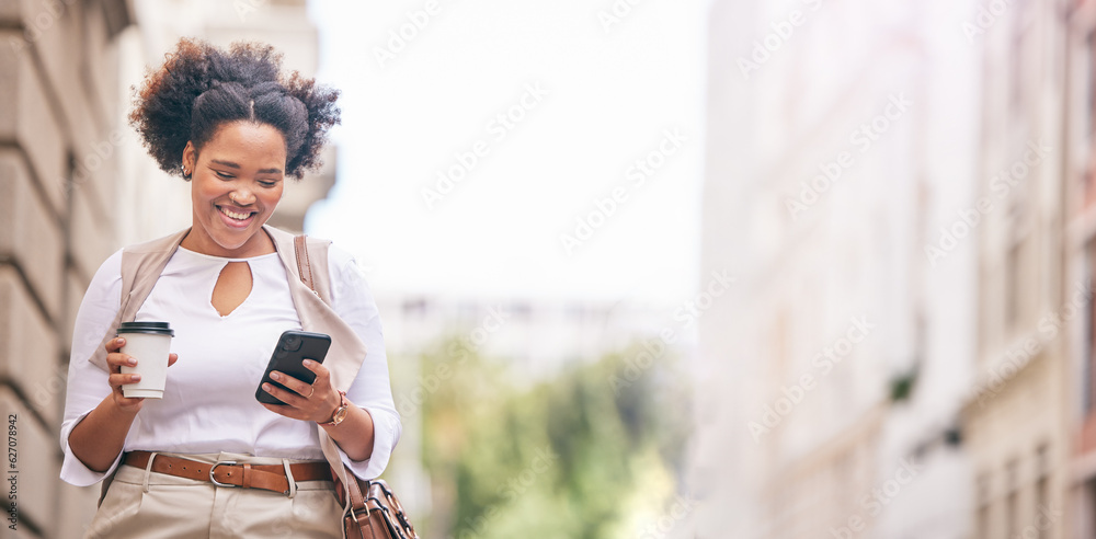 Phone, city and business woman travel and walking in a town typing on social media, online or intern