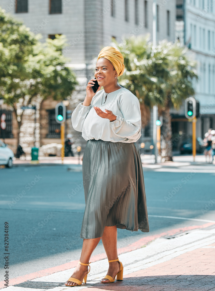Phone call, talking and business black woman in city for contact, network and connection in town. Tr