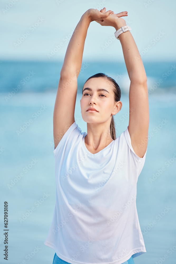 Woman, beach and stretching body in yoga for fitness, exercise or spiritual wellness in outdoor work