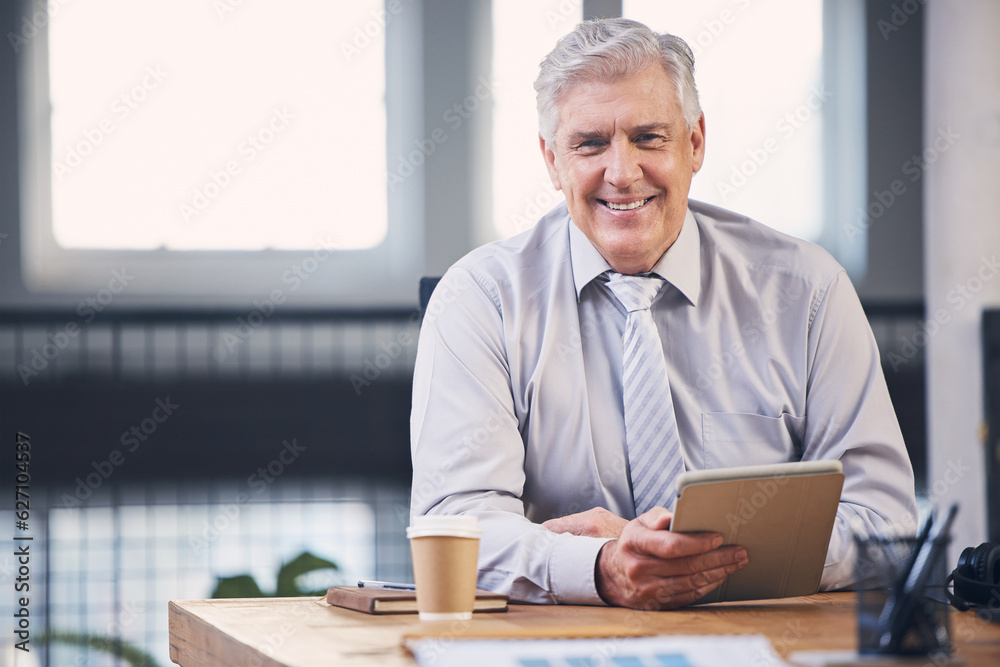 Senior, business man and tablet in portrait with smile, analysis and planning at desk for schedule. 