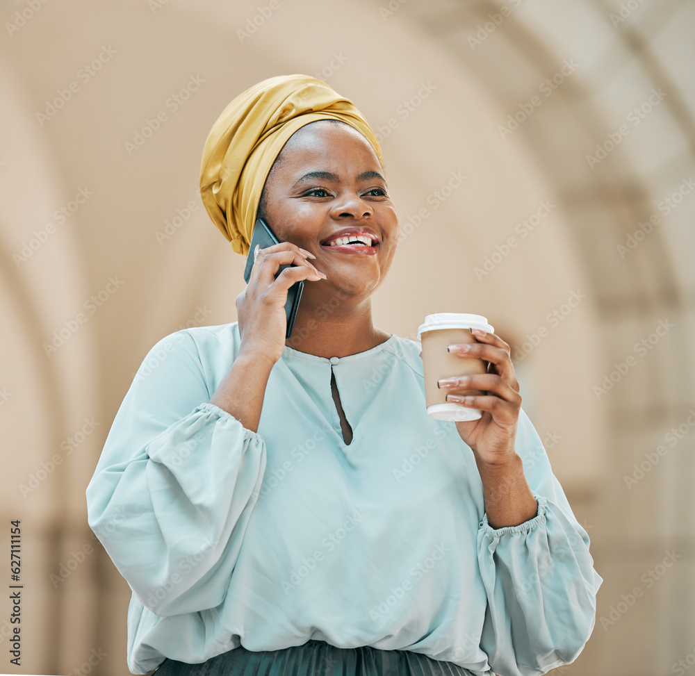 Phone call, city and business black woman with coffee for contact, network and connection in town. T