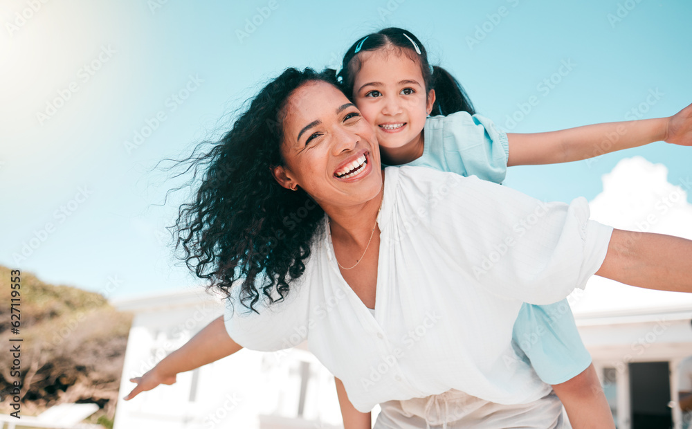 Happy, plane and piggyback with mother and daughter in backyard for playful, support and smile. Happ