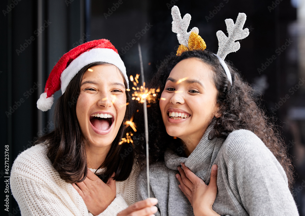 Women friends, Christmas and sparkle light with smile, home and celebration of festive holiday. Girl