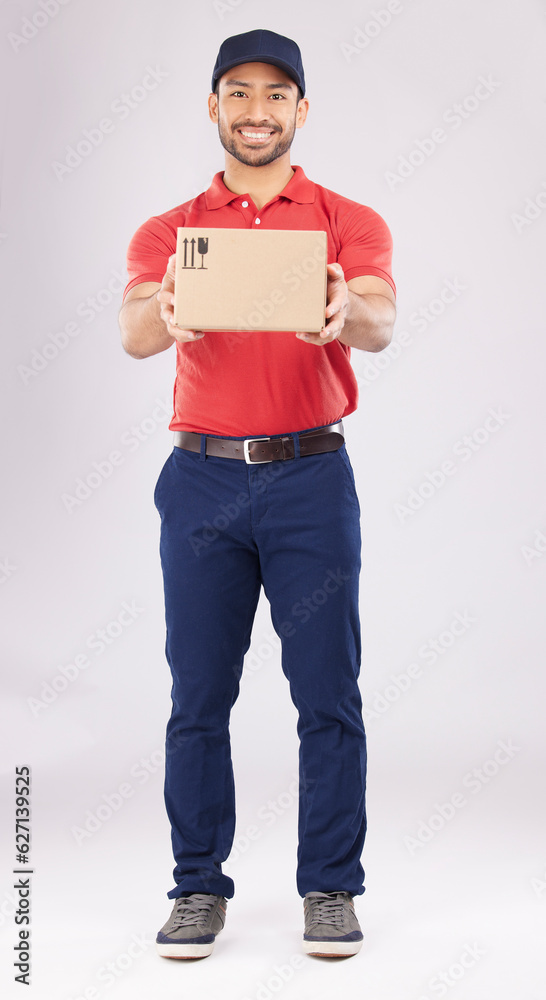 Happy, shipping box or portrait of delivery guy in studio with courier service, supply chain package