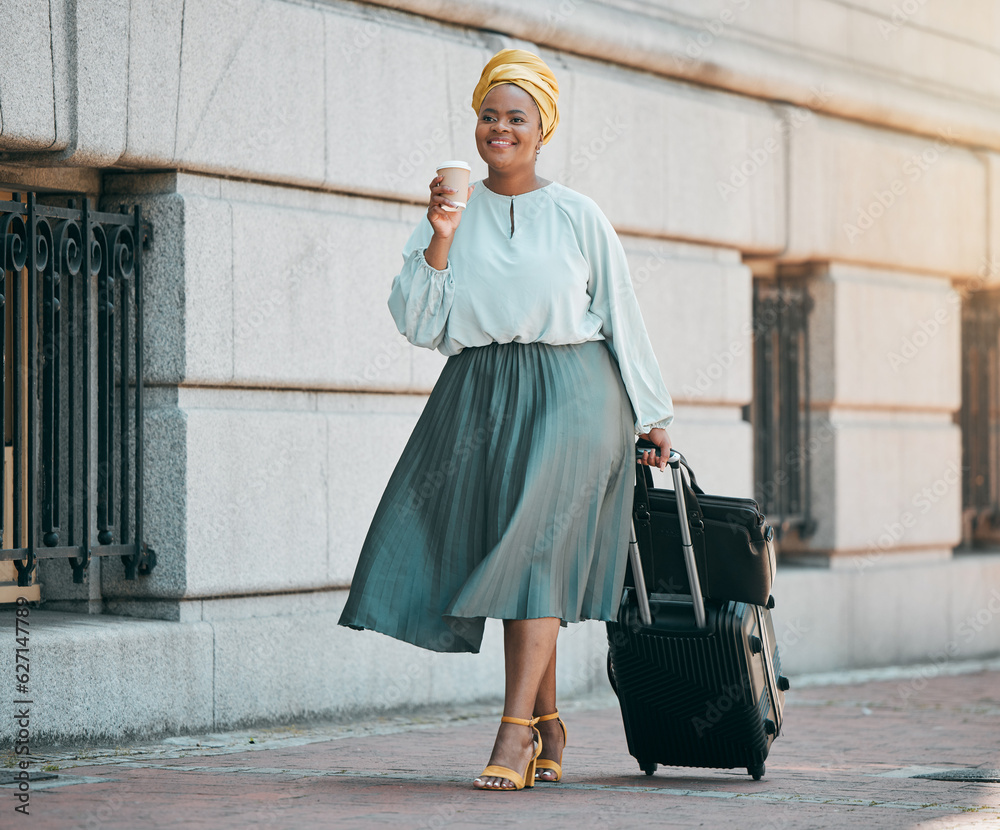 City, business and black woman with a suitcase, travel and happiness with coffee, international care