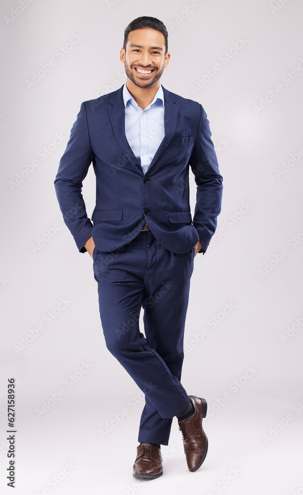 Portrait, business and asian man in studio with suit for financial trading, professional style and e