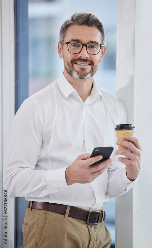 Phone, coffee and portrait of business man in communication, chat and corporate networking or planni