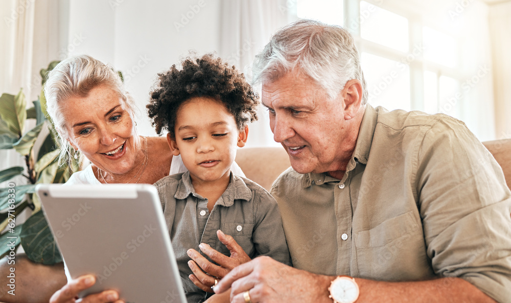 Family, grandparents and child on tablet in home e learning, online education and watch or streaming