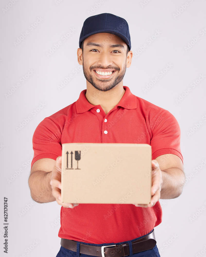 Happy, shipping box or portrait of delivery man in studio with courier service, supply chain package