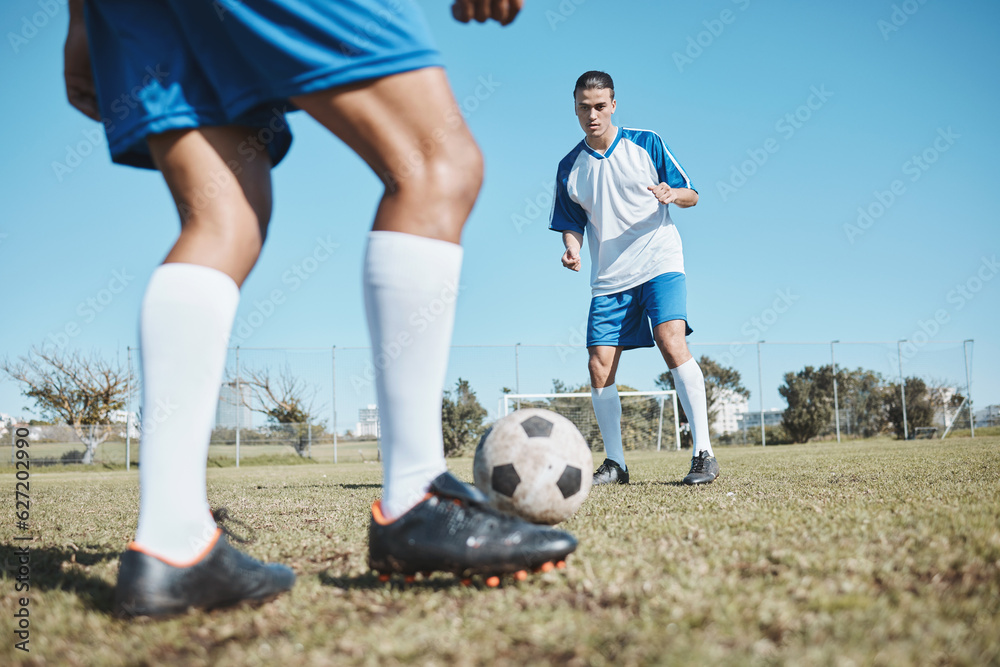 Football player, ball and game on field for team competition, game or match training, exercise and s