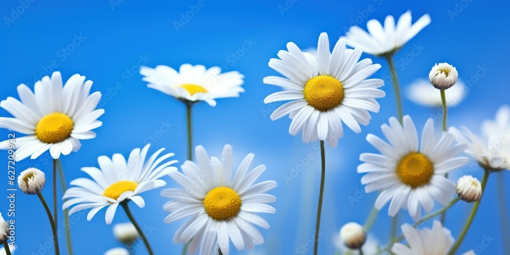 Beautiful chamomile flowers on a bright colorful blue background. Floral summer spring background fo