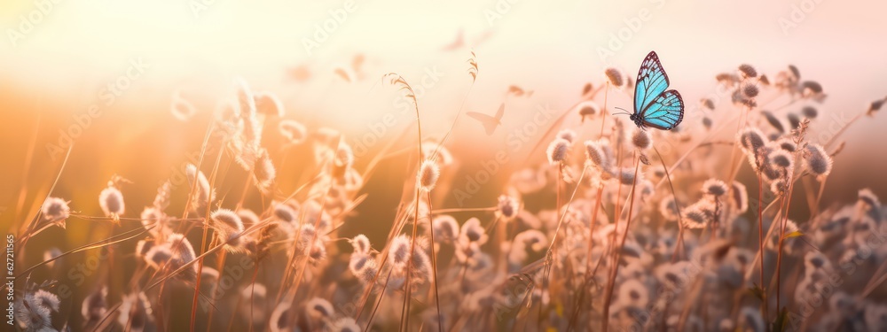 Beautiful fluffy wild grass and fluttering butterflies in field on nature in spring summer in rays o