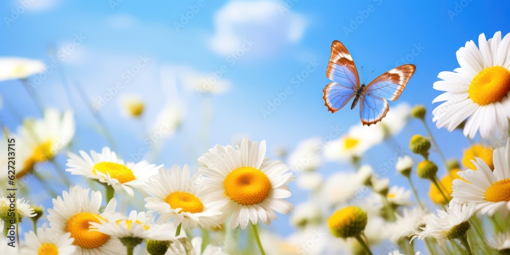 Beautiful white yellow daisies and blue cornflowers with fluttering butterfly in summer in nature ag