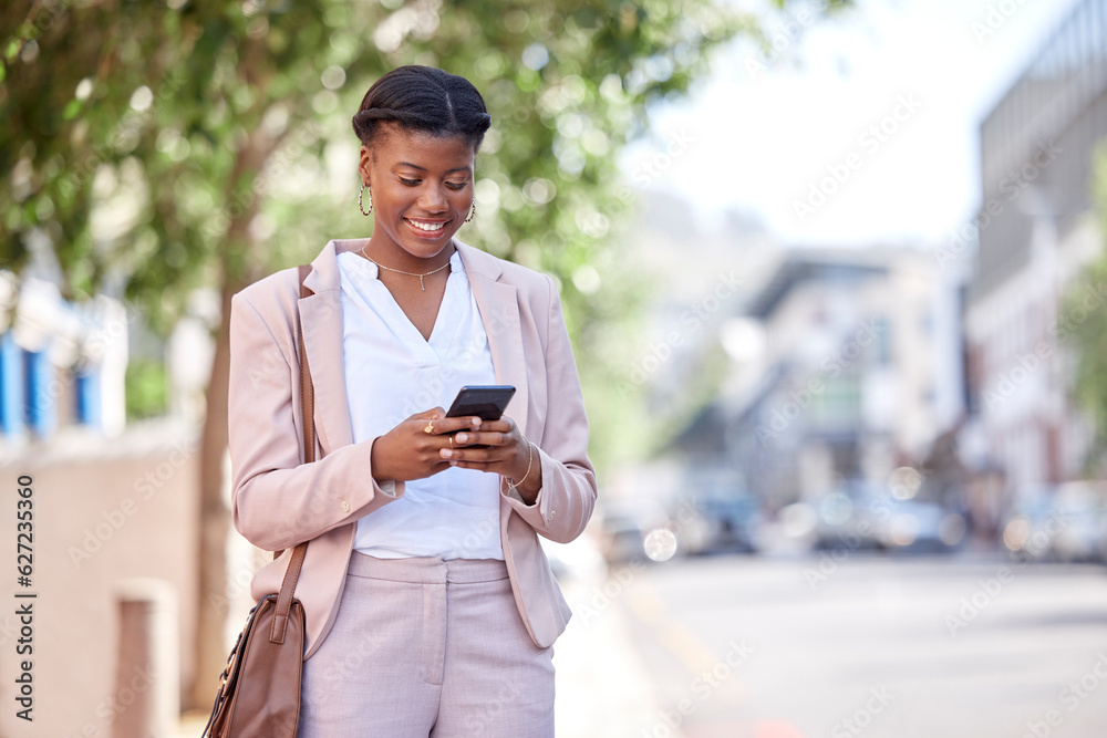 Business woman, phone and typing outdoor on a city road for communication, network or chat. Black fe