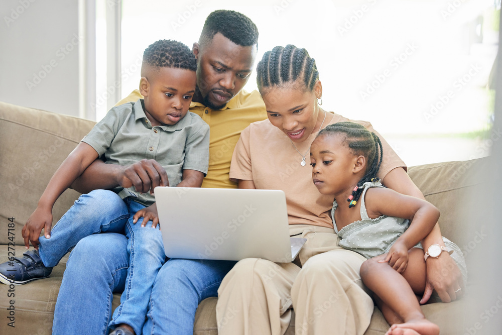 Black family, laptop or education with parents and children bonding on a sofa in the home living roo