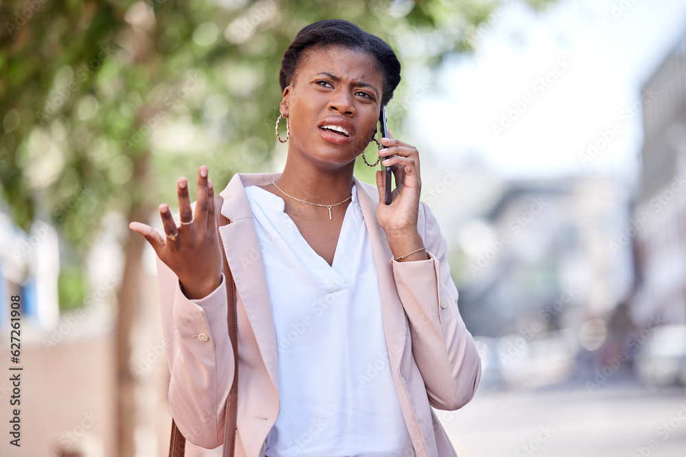 Phone call, frustrated and confused black woman employee angry at contact or bad news on mobile conv