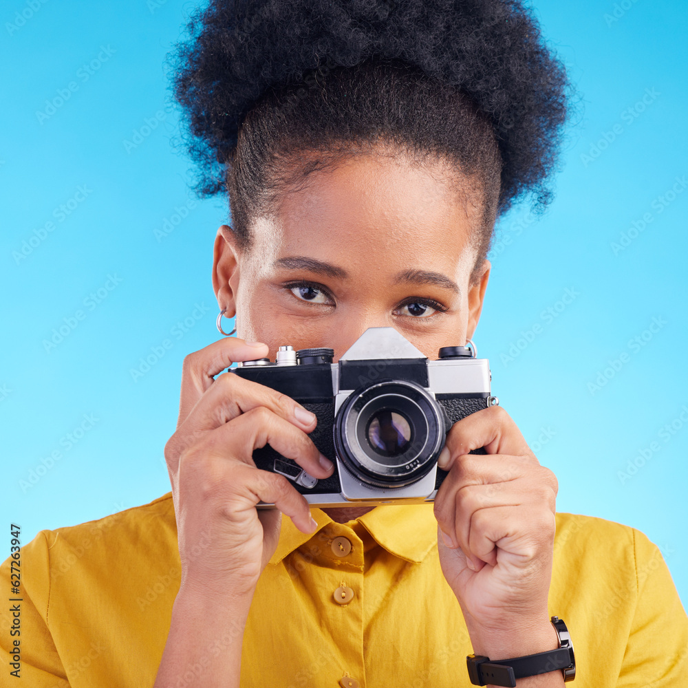 Photographer, portrait and camera, black woman isolated on blue background, creative artist job tale