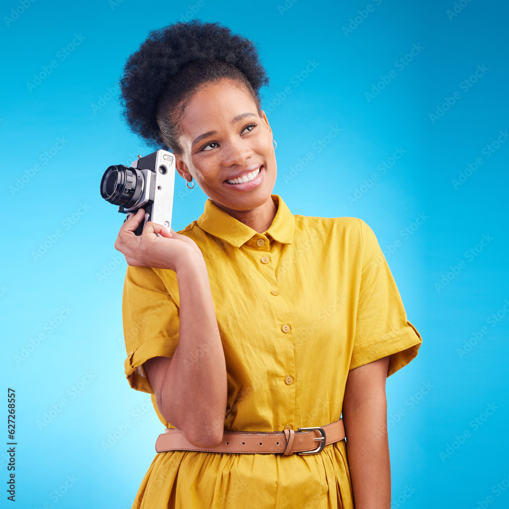Photography, smile and black woman with camera isolated on blue background, creative artist job and 
