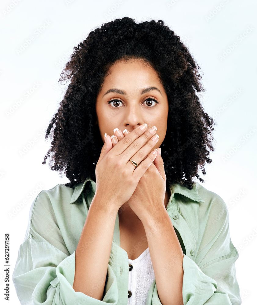 Secret, surprise and portrait of woman in studio with hands on mouth, omg and wow on white backgroun