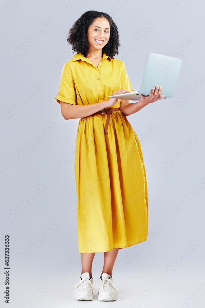 Happy, blog and portrait of a woman with a laptop for communication, email or internet. Smile, techn