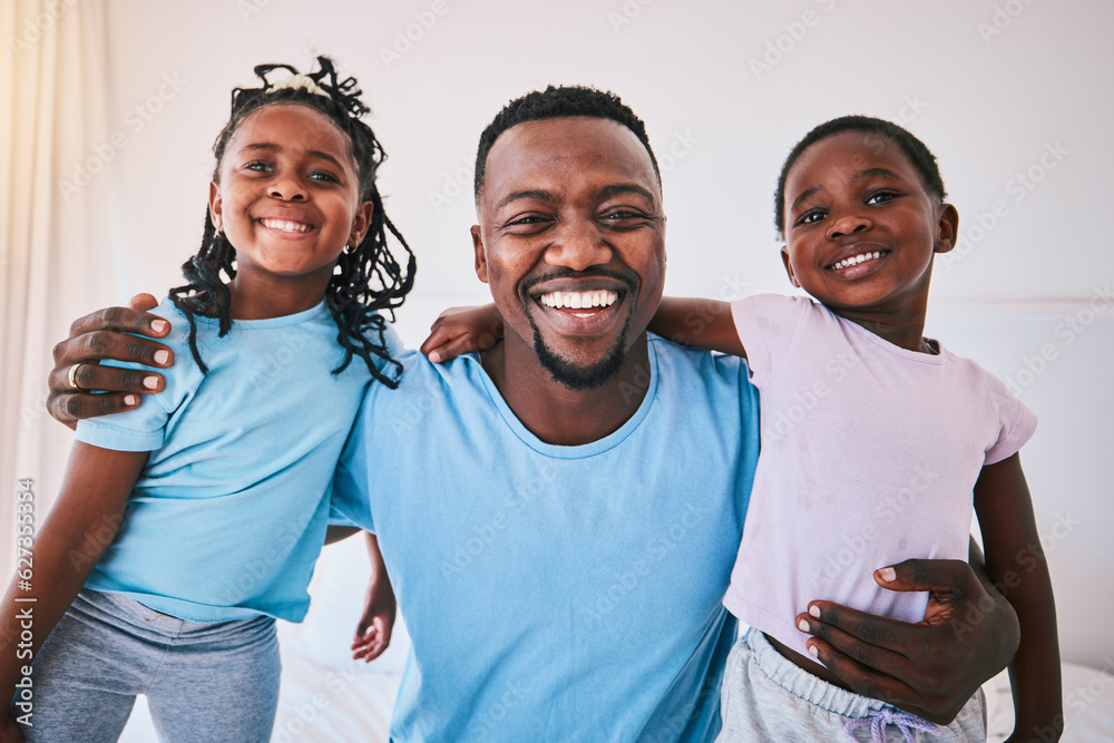 Portrait, father and children with a black family in the bedroom together for morning fun or bonding