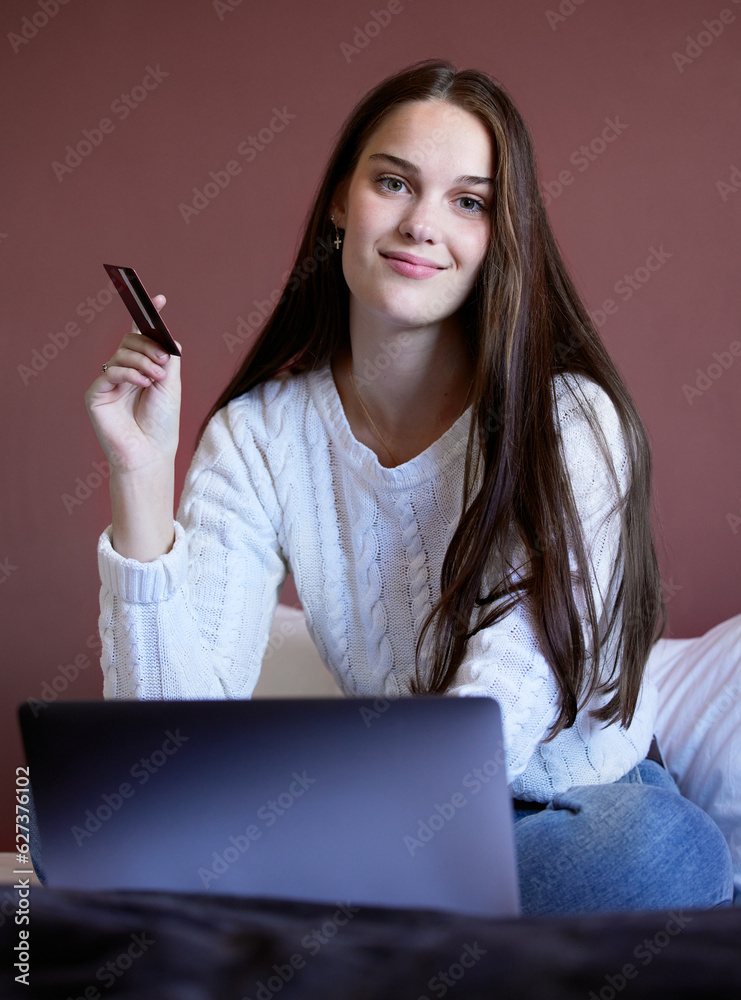 Portrait, woman and credit card with laptop and online banking for ecommerce purchase on app. Tech, 