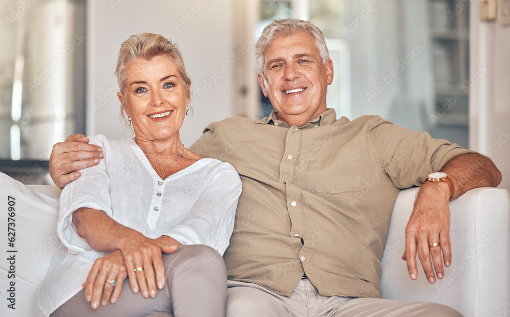 Old couple on sofa, portrait and retirement together, love and care in marriage with people at home.