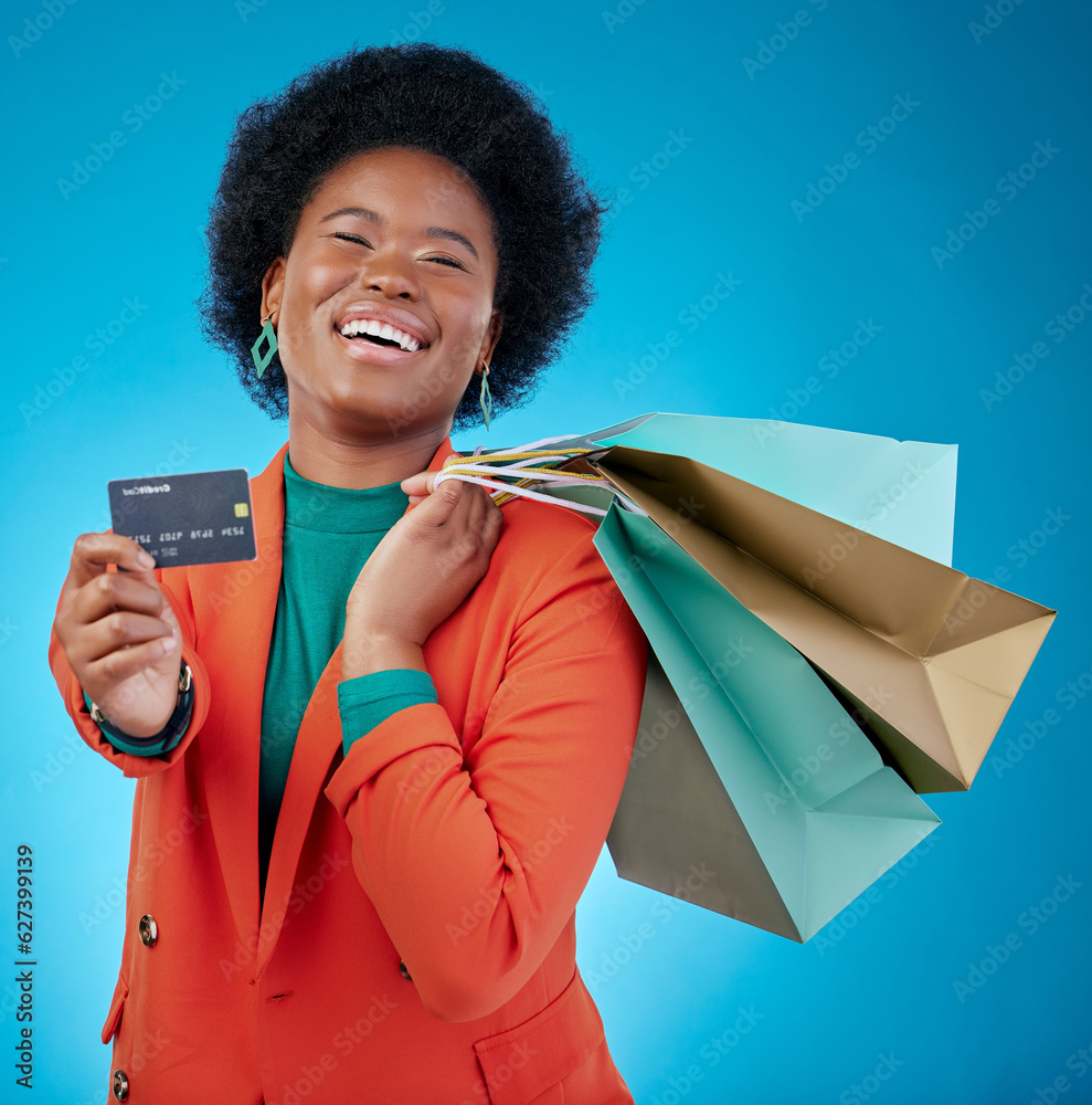 Woman, credit card and shopping bag for retail banking, finance and e commerce fintech or payment in