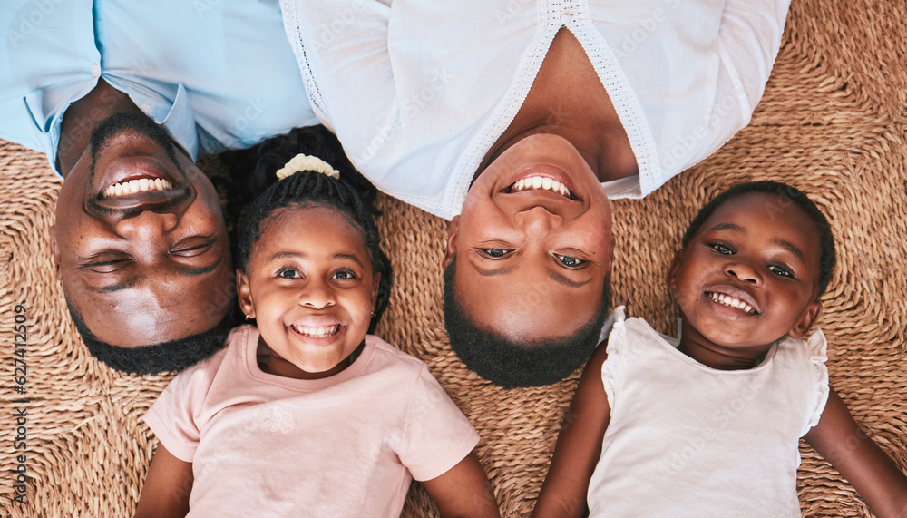 Above, parents or portrait of happy kids on floor in house or home bonding or playing as a black fam