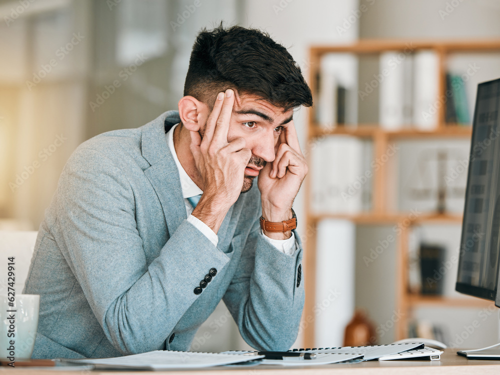 Business man, headache and stress at office computer from auditor burnout at desk. Anxiety, 404 prob