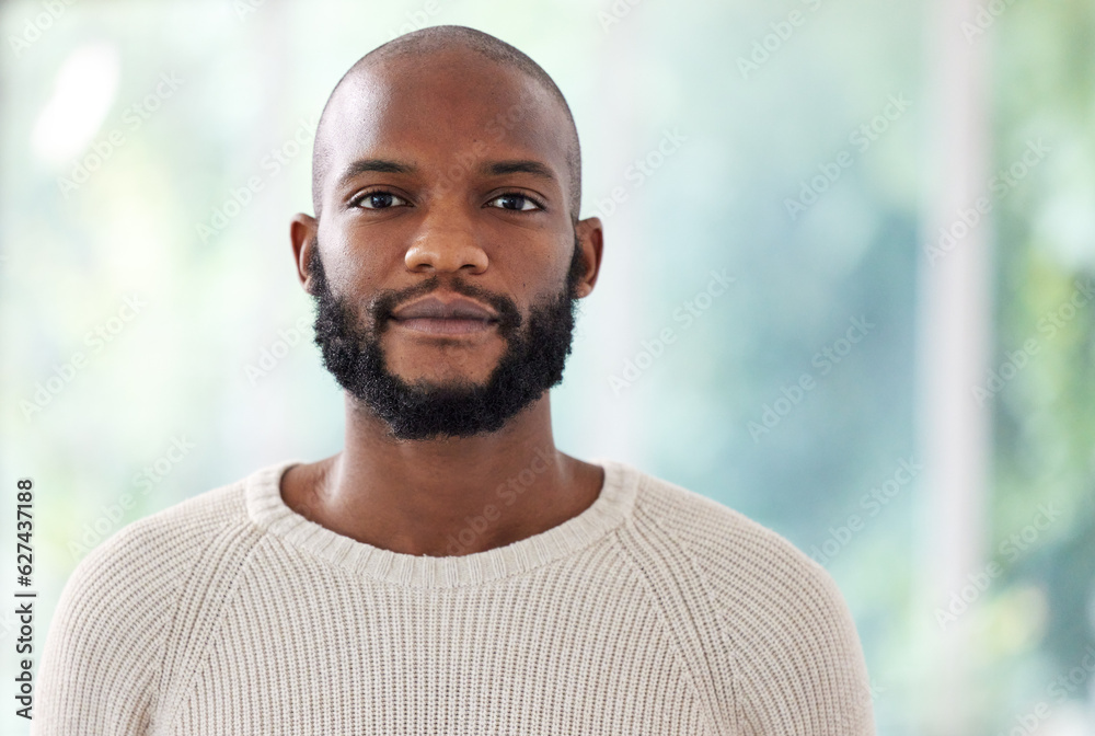 Black man with serious face in portrait, vision and confidence with empowerment and mockup space. Yo
