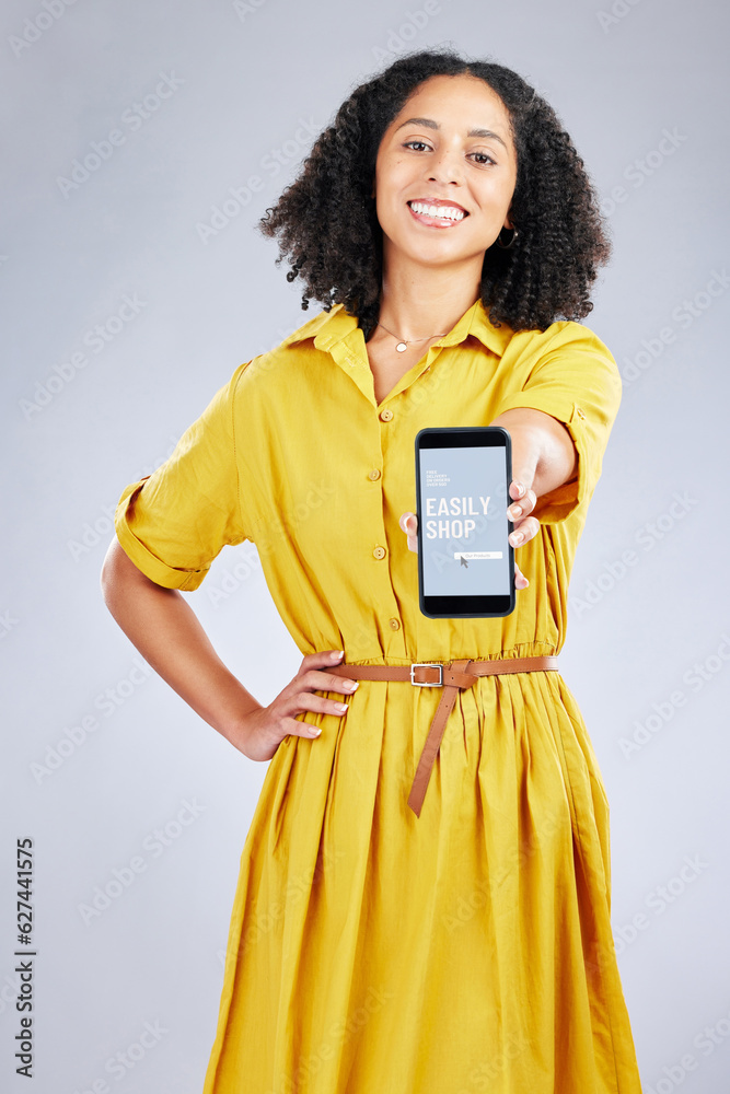 Portrait, phone screen and woman with app for online shopping, sales and isolated in studio on a whi