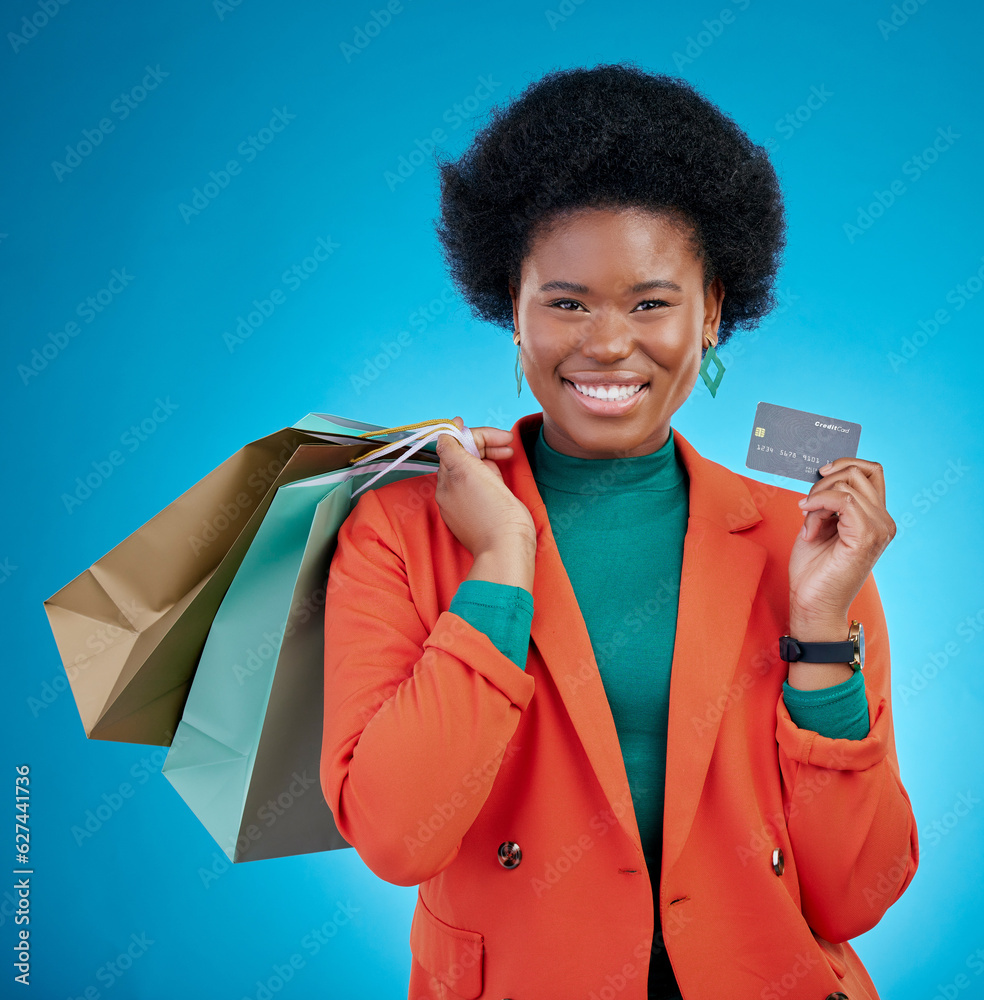 Credit card, shopping bag and woman in portrait for retail banking, finance and e commerce fintech o