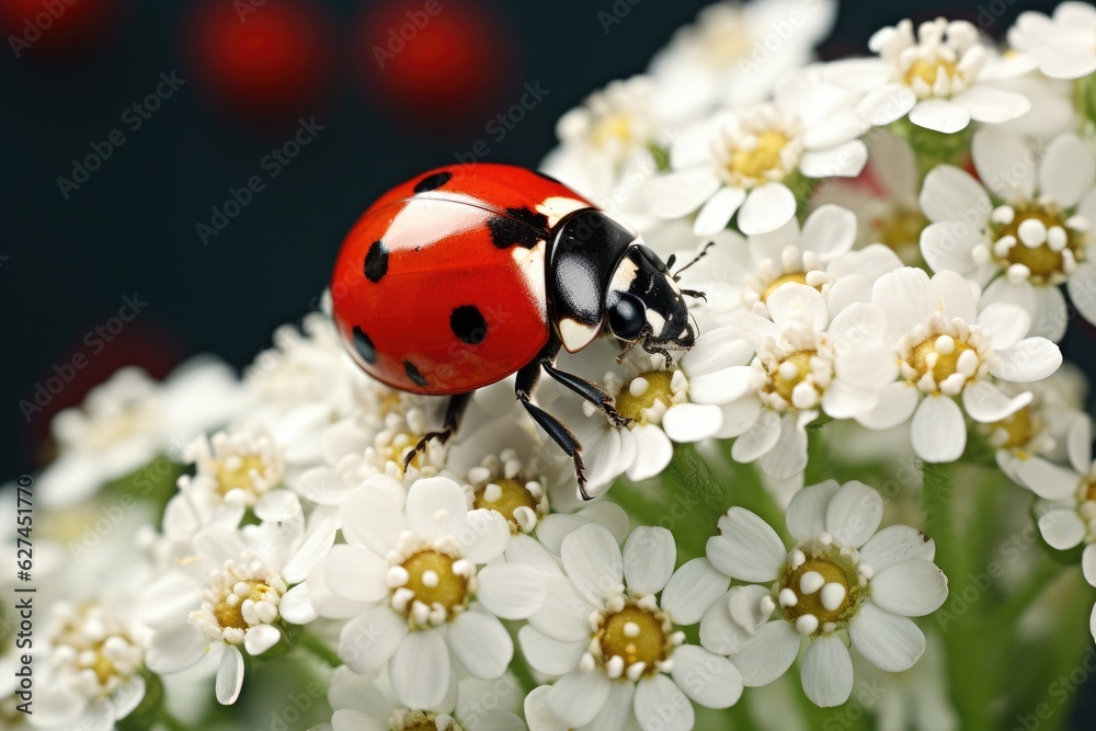ladybug on white flower isolated on black background macro close up, A beautiful ladybug sitting on 