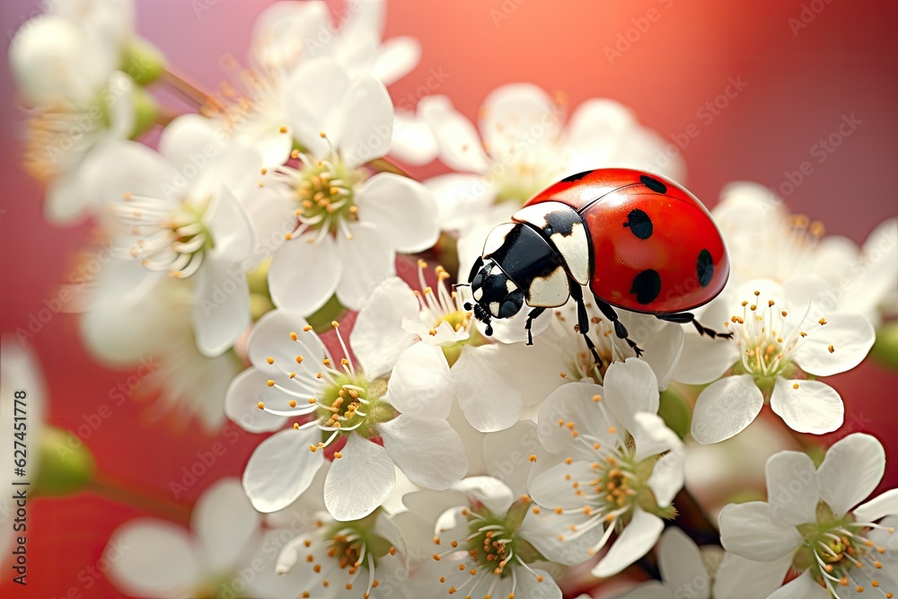 Ladybug on a branch of cherry blossoms in the spring. A beautiful ladybug sitting on a white flower,
