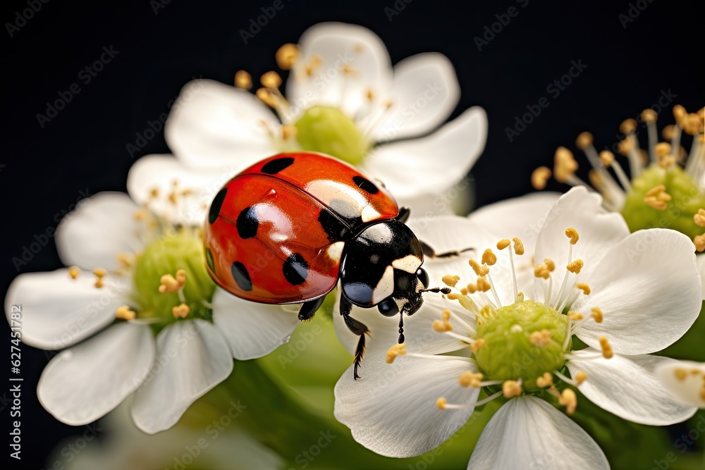 ladybug on a white flower on a dark background close up, A beautiful ladybug sitting on a white flow