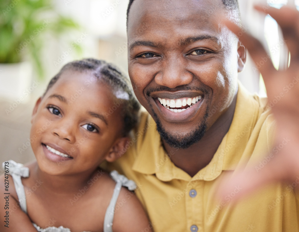 Portrait, black father and girl take selfie, smile and bonding together in home. Face, photography a