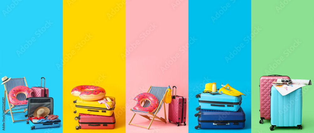 Collage of beach accessories with packed suitcases on color background