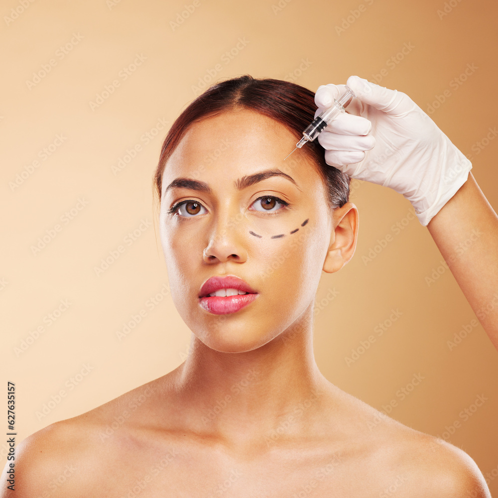 Rhinoplasty, plastic surgery and syringe for woman with beauty facial for isolated in brown studio b