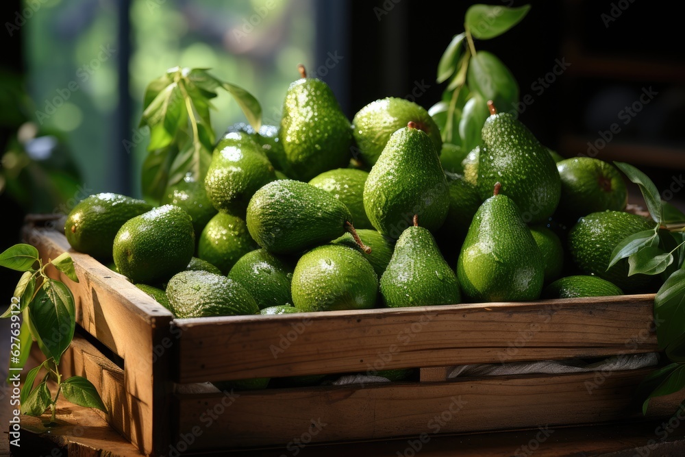Organic avocado in a wooden box. Generative AI