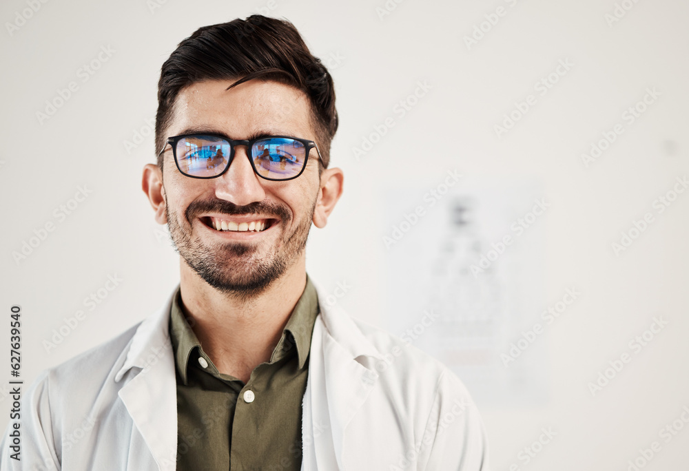 Eye exam, smile and portrait of man optometrist with confidence, glasses and friendly service in con
