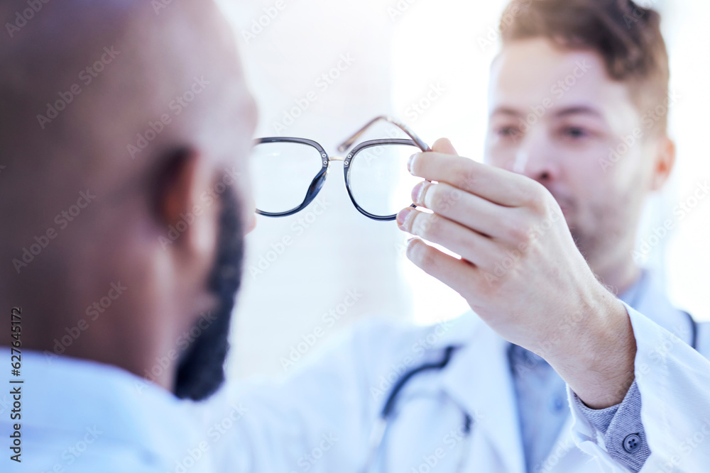 Hands, man and optometrist with glasses for eye support and lens check at a doctor consultation. Med