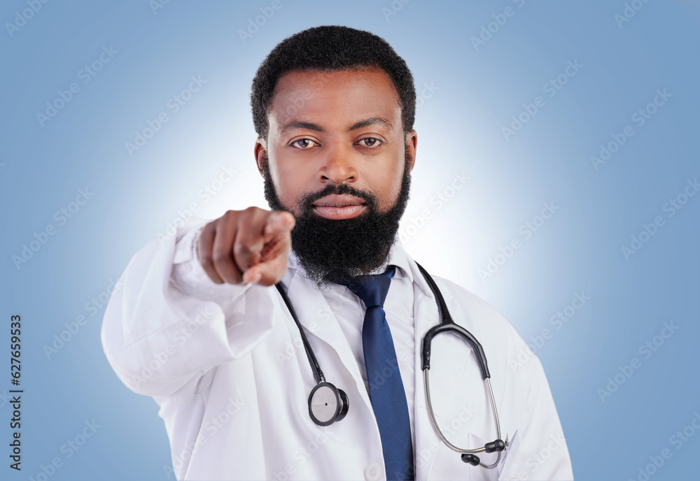 Doctor, hand and black man portrait in studio with offer, deal and promo or announcement on blue bac