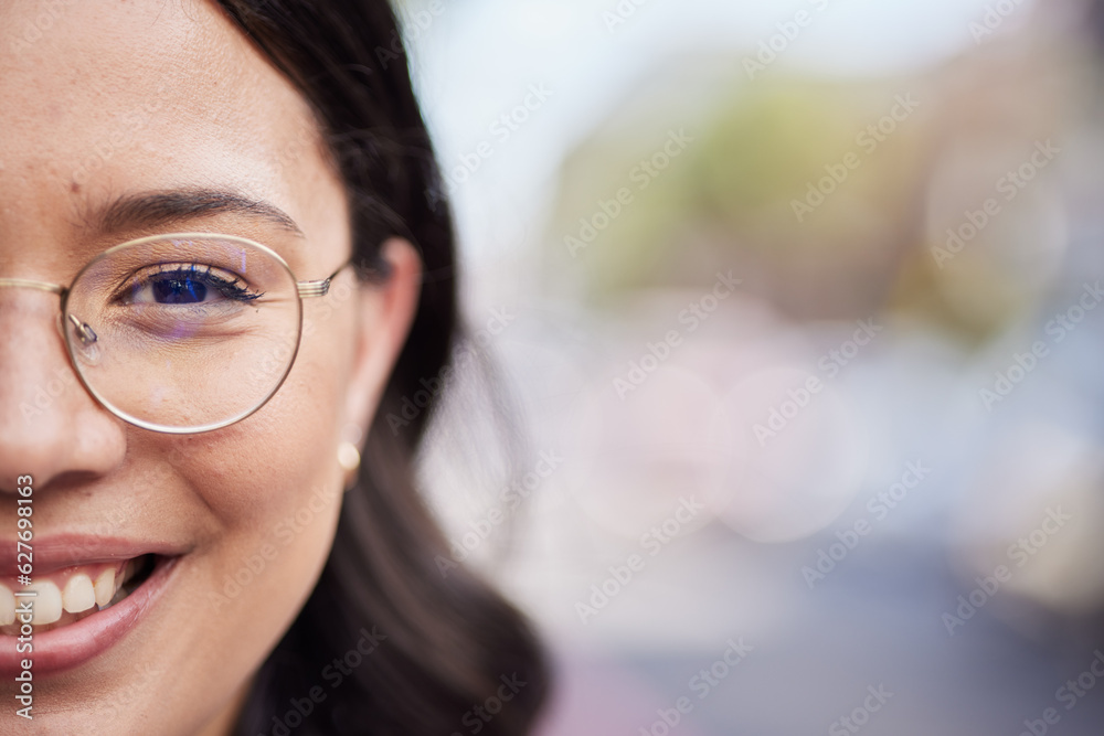 Woman face, outdoor portrait and space for mock up with smile, blurred background and bokeh in stree