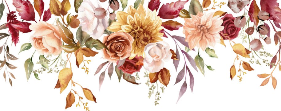 秋季花卉边框，有大丽花、玫瑰和桉树叶。焦橙色的花朵，赤陶色的叶子。水彩插图。乡村婚礼