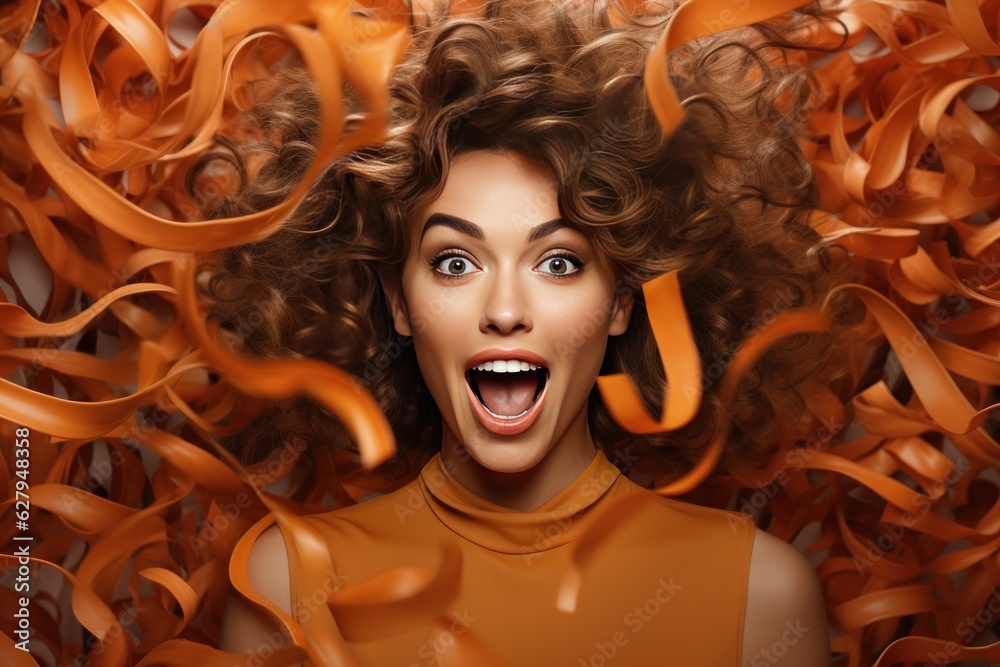 Screaming young woman with long hair doing surprise gesture isolated on a yellow orange background. 
