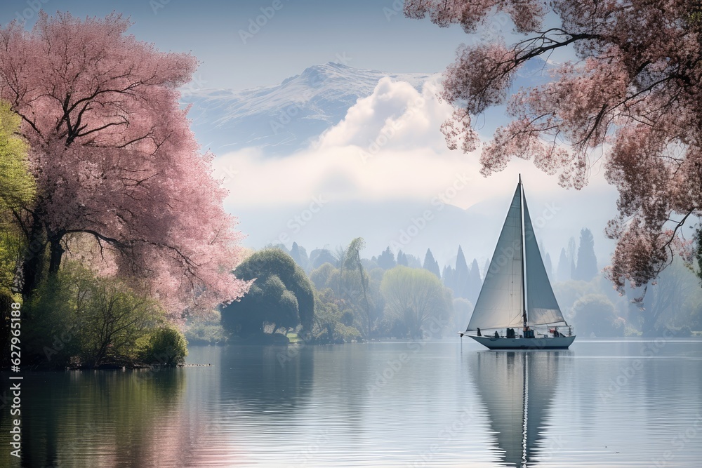 Sailing boat on the lake with cherry blossoms in spring. a serene lake with trees and plants in spri